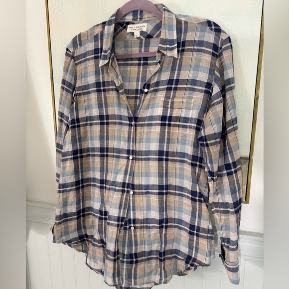 NILI LOTAN Lydia Plaid Shirt Buttondown Collar Brown Blue Tan Size L - Picture 2 of 4